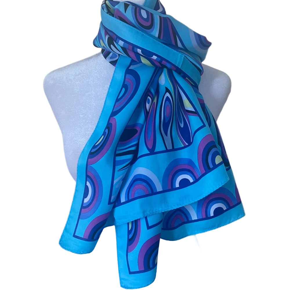 Blue and Purple Patterned Long Silk Scarf